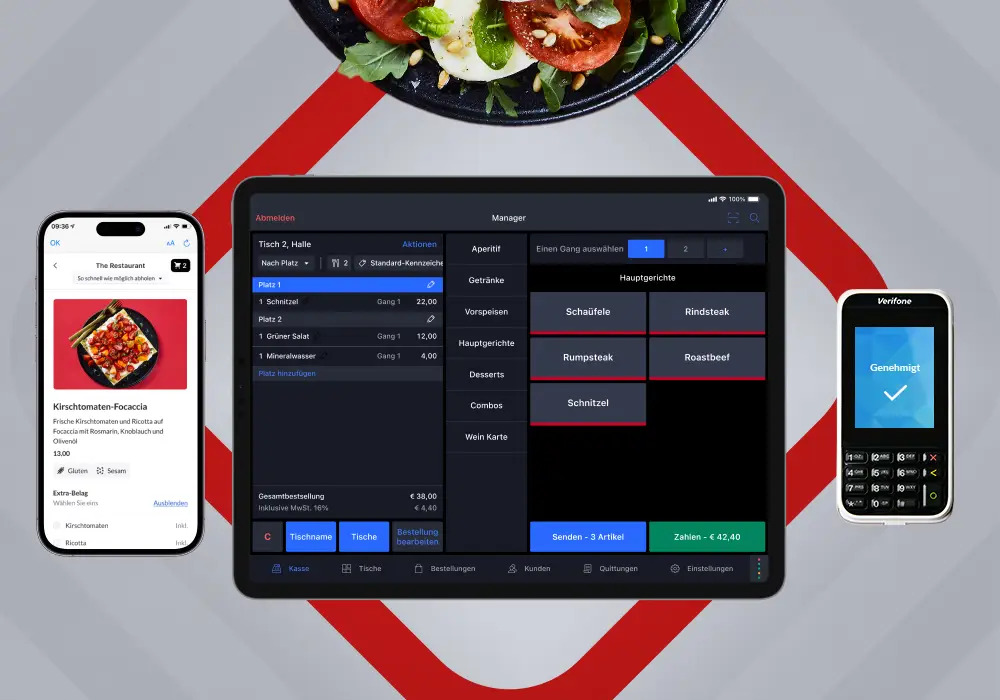 Lightspeed Restaurant mit Mobiltelefon und Lightspeed-App sowie mobiles Zahlungsterminal