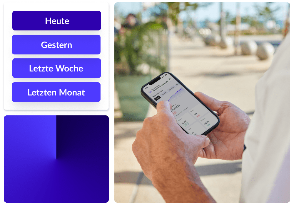 Eine Person hält ein Handy in den Händen, auf dem Bildschirm sieht man Lightspeed Pulse. Am linken Rand Anzeigen aus der App, die Möglichkeiten für die Ansicht verschiedener Zeiträume darstellen.