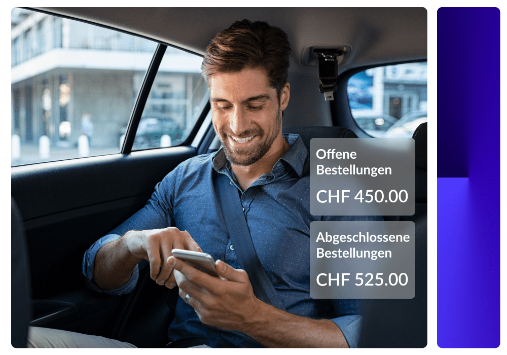 Eine Person schaut auf ihr Handy. Zur rechten Seite zwei Anzeigen aus Lightspeed Pulse, die beispielhaft den Wert offener und abgeschlossener Bestellungen anzeigen.